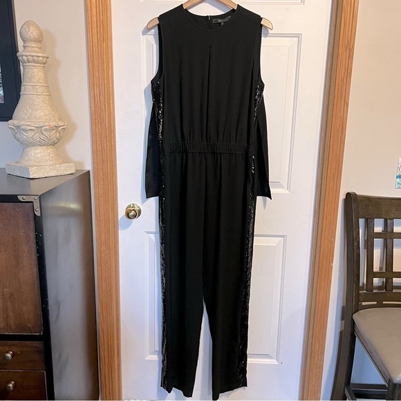 BCBG Maxazria Sleeveless Draped Dressy Sequin,Wide Leg Jumpsuit, Size Large, NWT - Picture 1 of 16